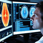 **A neuroscientist analyzing complex brainwave patterns on a computer screen, illuminated by the glow of the monitor. Overlaid are visualizations of machine learning algorithms detecting subtle anomalies within the data. A cluttered, high-tech laboratory environment with EEG equipment visible in the background. High contrast, dramatic lighting.**