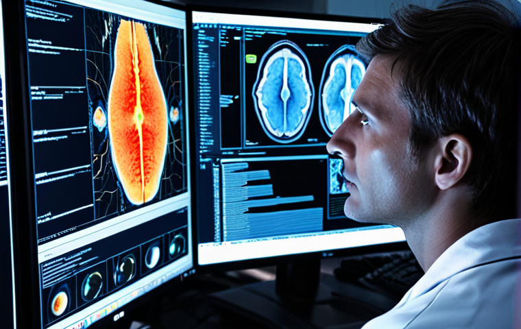 **A neuroscientist analyzing complex brainwave patterns on a computer screen, illuminated by the glow of the monitor. Overlaid are visualizations of machine learning algorithms detecting subtle anomalies within the data. A cluttered, high-tech laboratory environment with EEG equipment visible in the background. High contrast, dramatic lighting.**