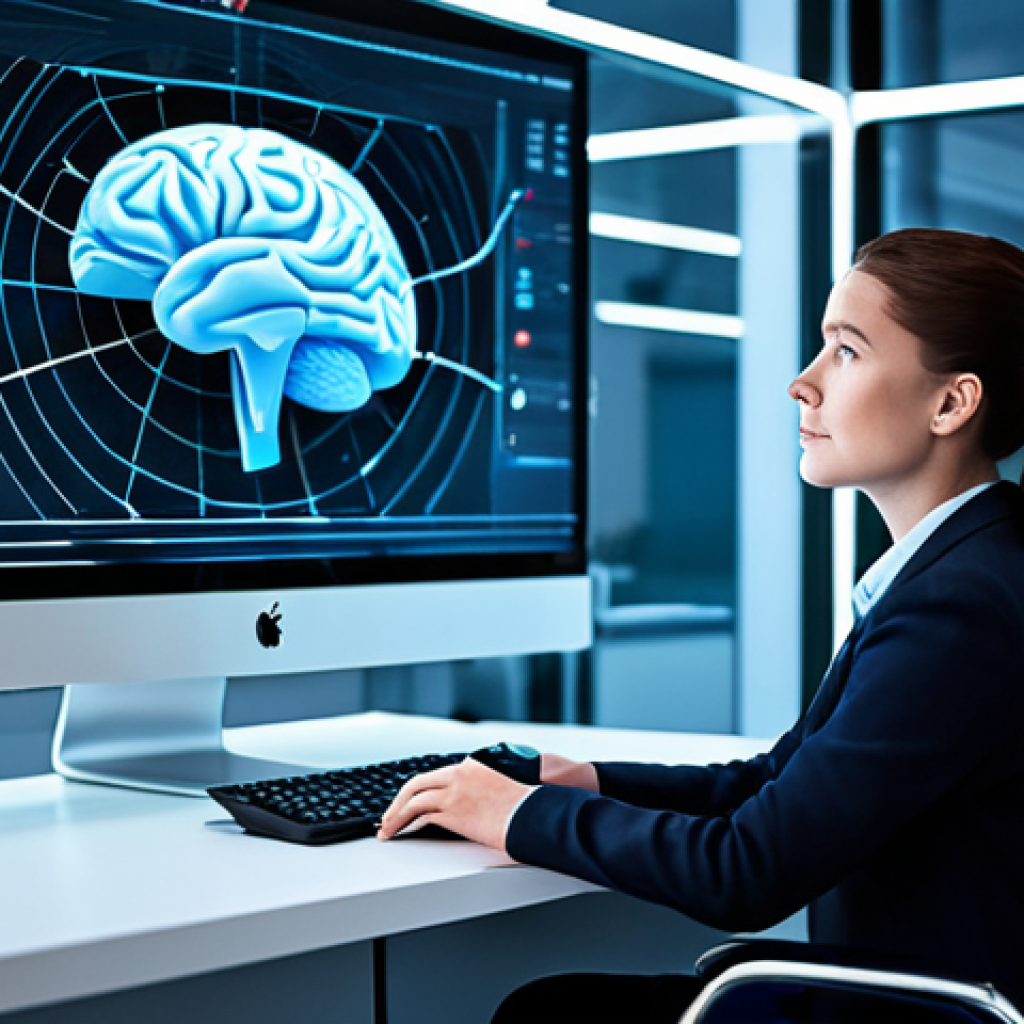 A professional, poised individual, fully clothed in modest, appropriate business attire, sits thoughtfully in a sleek, modern neuro-research laboratory. They are looking at a futuristic, glowing holographic display showing complex brainwave patterns elegantly transformed into understandable, actionable insights by advanced AI algorithms. The atmosphere is clean, futuristic, and filled with a sense of innovative discovery. The subject has perfect anatomy, correct proportions, well-formed hands, and a natural, focused pose. The image should convey scientific advancement and intellectual clarity. safe for work, appropriate content, professional, family-friendly, high-quality photograph, realistic rendering.