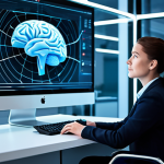 A professional, poised individual, fully clothed in modest, appropriate business attire, sits thoughtfully in a sleek, modern neuro-research laboratory. They are looking at a futuristic, glowing holographic display showing complex brainwave patterns elegantly transformed into understandable, actionable insights by advanced AI algorithms. The atmosphere is clean, futuristic, and filled with a sense of innovative discovery. The subject has perfect anatomy, correct proportions, well-formed hands, and a natural, focused pose. The image should convey scientific advancement and intellectual clarity. safe for work, appropriate content, professional, family-friendly, high-quality photograph, realistic rendering.