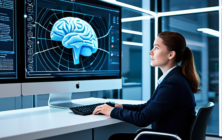 A professional, poised individual, fully clothed in modest, appropriate business attire, sits thoughtfully in a sleek, modern neuro-research laboratory. They are looking at a futuristic, glowing holographic display showing complex brainwave patterns elegantly transformed into understandable, actionable insights by advanced AI algorithms. The atmosphere is clean, futuristic, and filled with a sense of innovative discovery. The subject has perfect anatomy, correct proportions, well-formed hands, and a natural, focused pose. The image should convey scientific advancement and intellectual clarity. safe for work, appropriate content, professional, family-friendly, high-quality photograph, realistic rendering.