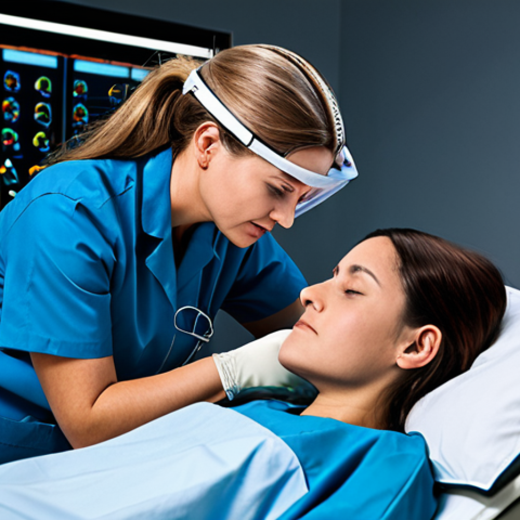 Sleep Lab Technician**
A professional sleep lab technician in a fully clothed uniform, adjusting EEG sensors on a patient's head in a dimly lit sleep lab, appropriate content, safe for work, perfect anatomy, natural proportions, clinical setting, high quality, professional photography.
**