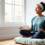 Home 20 뇌파 모니터링의 응용 분야 확장 - **"A serene young woman in her late 20s, with a gentle smile, is sitting comfortably on a plush medi...