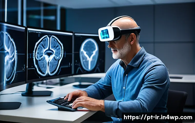 기술 기반 뇌파 모니터링의 한계점 - A realistic scene showing a researcher in a modern neuroscience lab using a portable EEG headset on ...