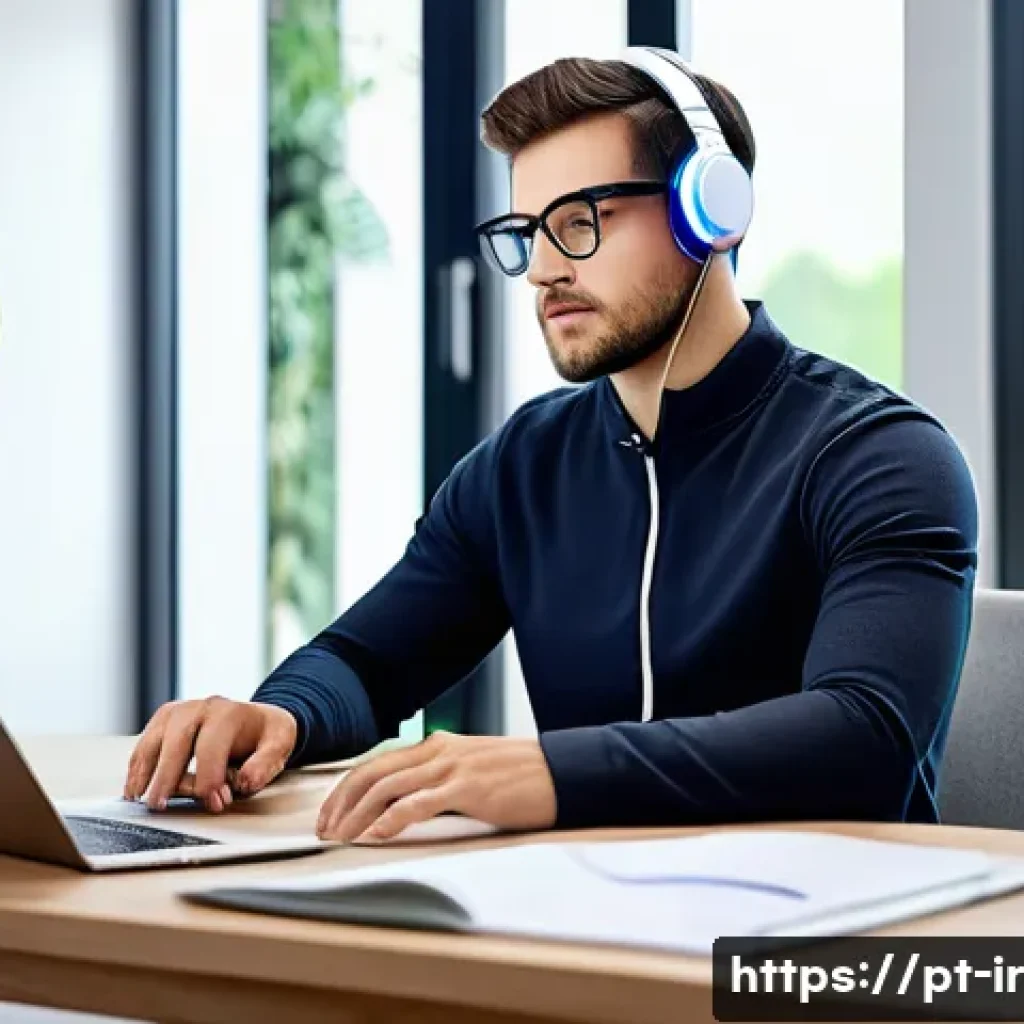 뇌파 기술을 통한 인지 훈련 프로그램 - A modern home office scene showing a young professional wearing a lightweight, wireless EEG headset ...