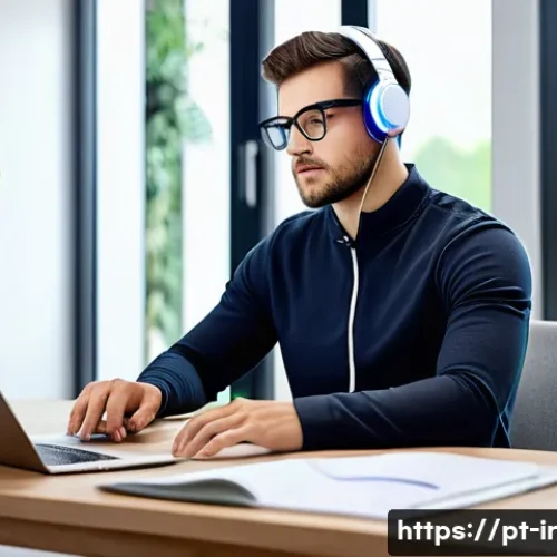 뇌파 기술을 통한 인지 훈련 프로그램 - A modern home office scene showing a young professional wearing a lightweight, wireless EEG headset ...
