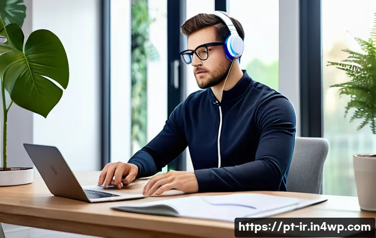 뇌파 기술을 통한 인지 훈련 프로그램 - A modern home office scene showing a young professional wearing a lightweight, wireless EEG headset ...