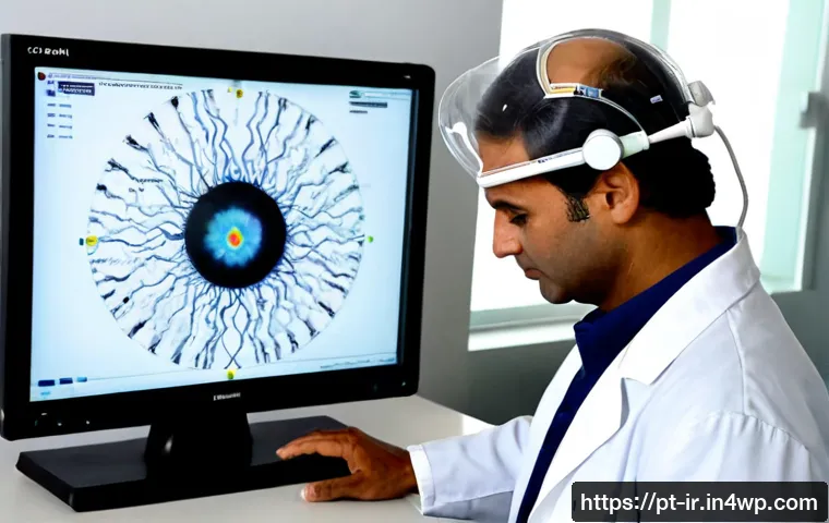 Home 17 뇌파 모니터링 기술의 신뢰성 검토 - Photorealistic clinical neurodiagnostic laboratory in Brazil, a middle-aged patient wearing an EEG c...