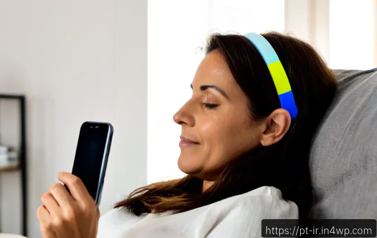 Home 17 뇌파 모니터링의 사용자 편의성 - Photorealistic close-up of a middle-aged Portuguese woman comfortably wearing a lightweight wireless...